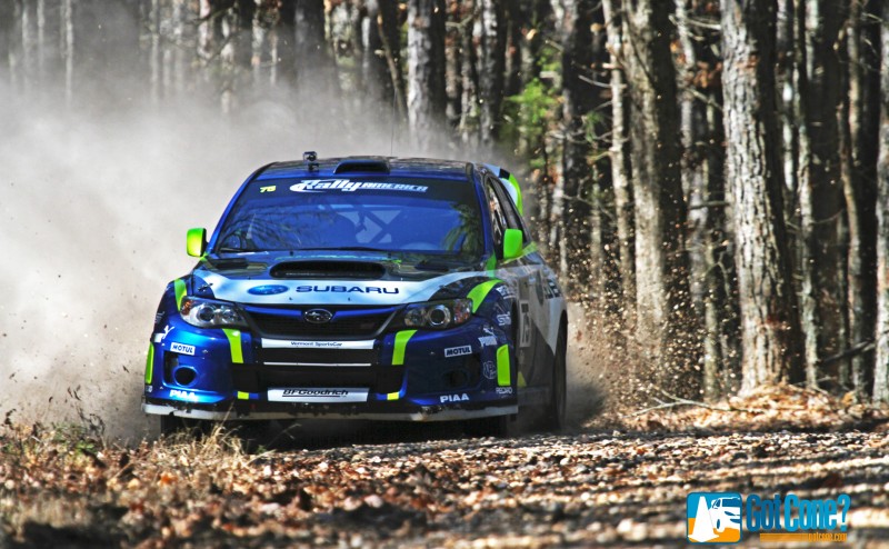 David Higgins tearing through the forest in his Subaru Rally Car