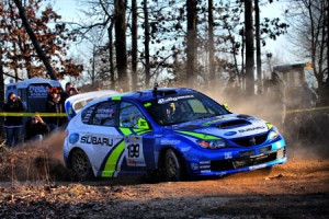 Travis Pastrana 199 drives his Subaru Rally Car at 100 Acre Wood
