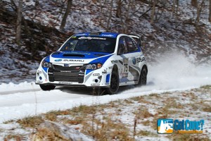 David Higgins pilots his Subaru STi to victory at 100 Acre Wood Rally