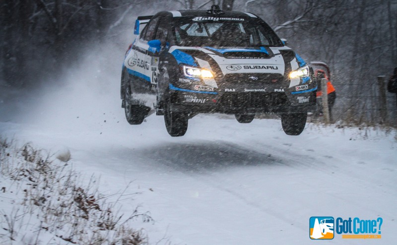 Subaru Rally Team USA driver David Higgins takes the jump at 2015 Rally in the 100 Acre Wood